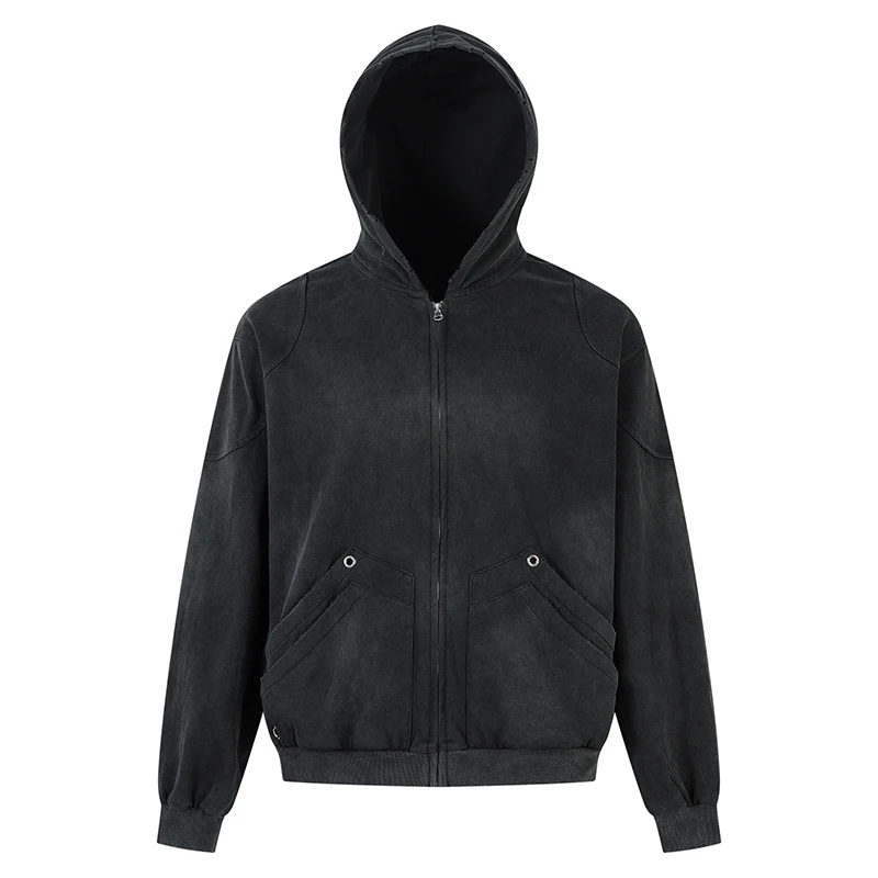 

Men's Vintage Washed Black Zip Up Hoodie Jacket Streetwear Loose Outerwear with Hood and Pockets Casual Hip Hop Style Clothing