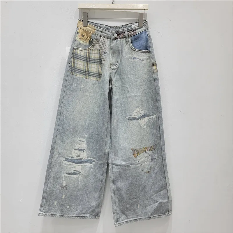 

American 2026 Spring New Arrival Retro Street Grids Women's 3d Printing Ripped High Waistloose Wide Leg Jeans