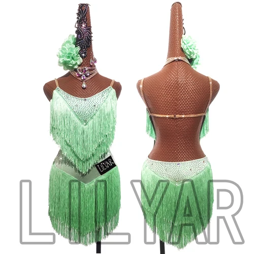 Imagen 2 del producto Vestido de baile latino trajes de competición falda realizando diamantes de imitación adultos niños borla varios colores rojo blanco