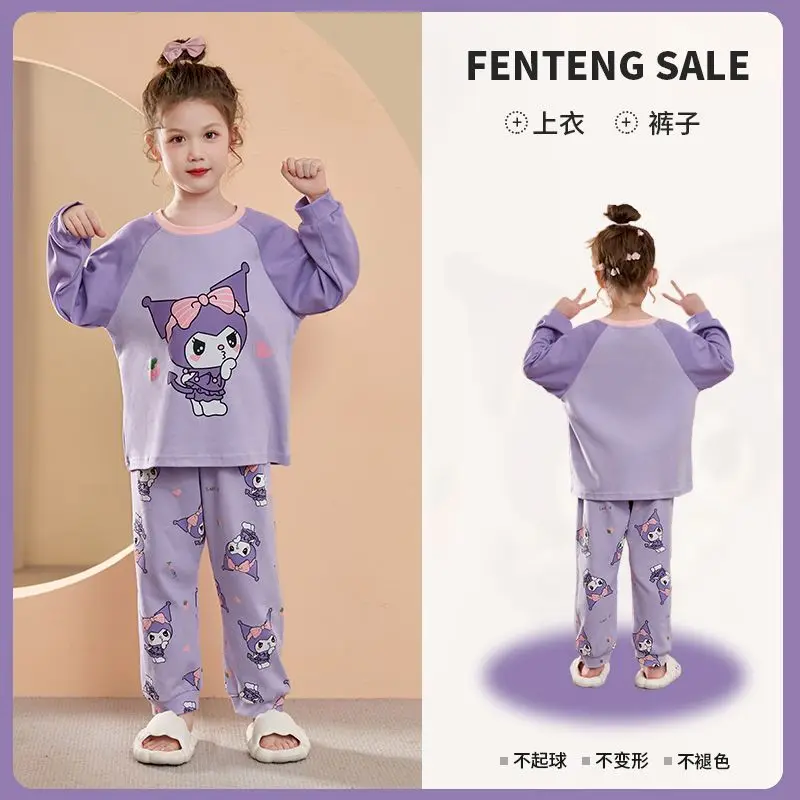 Disney Kuromi Cartoon Schattige Meisjes Lente En Herfst Katoen Zachte, Comfortabele, Ademende En Losse Huiskleding Set Met Lange Mouwen