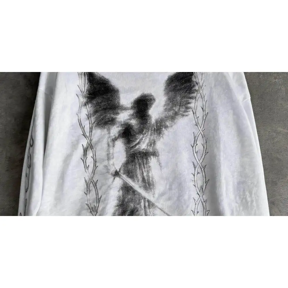 Retro washed old angel demon printed long-sleeved T-shirt with thorns and vines border, loose and cool punk everyday coat,unisex