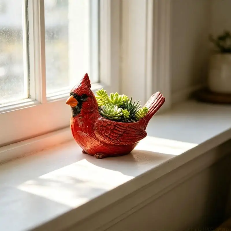 QX2E Handcrafted Red Bird Plant Container Succulents Planter Indoor Gardening