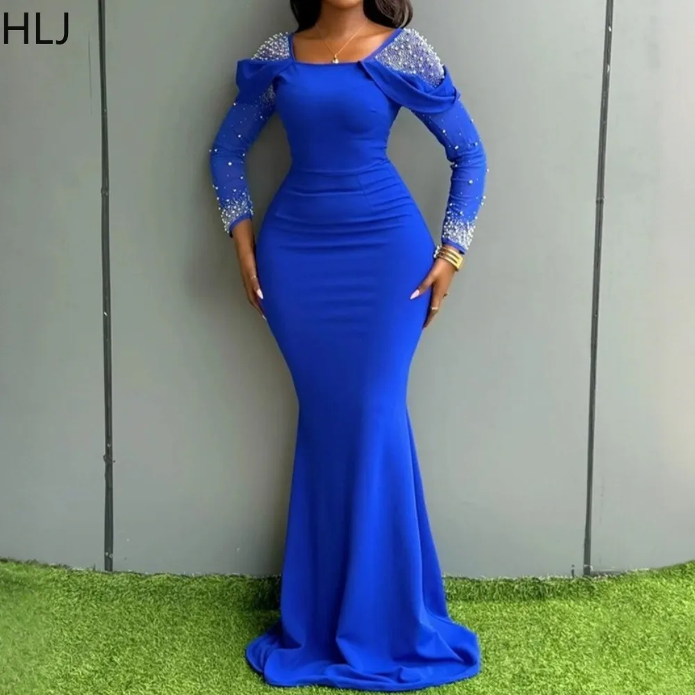 

HLJ Elegant Pearls Patchwork Bodycon Dresses for Woman Solid Color U Collar Long Sleeves Dress Female Streetwear Vestidos New