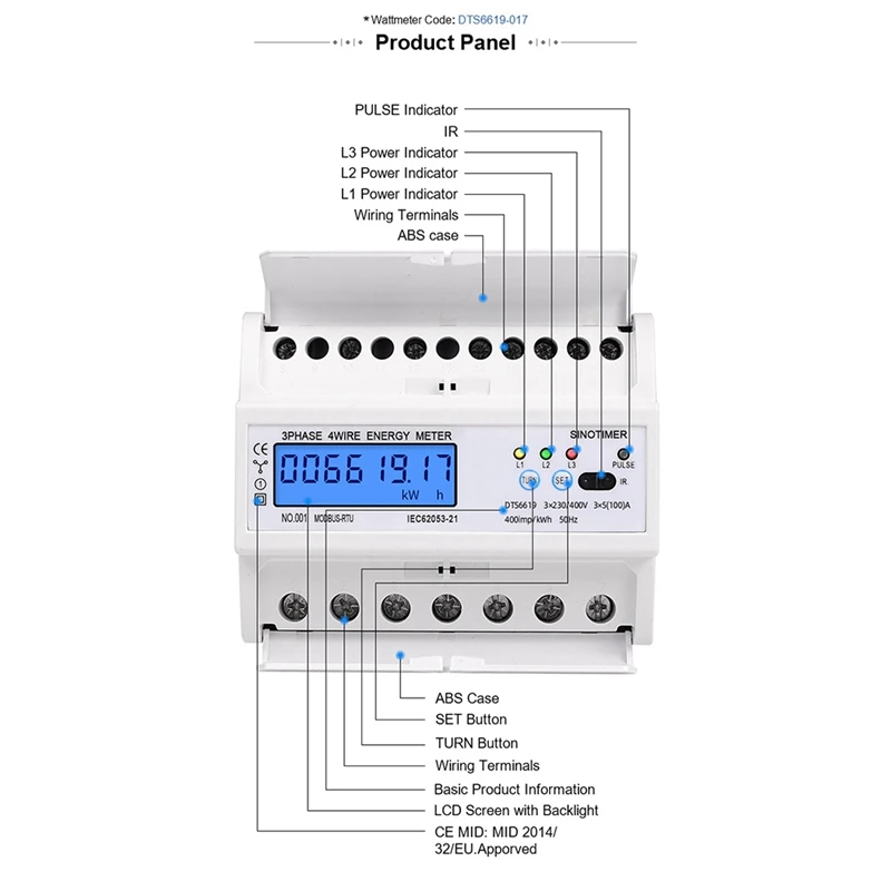 1 Piece Din Rail Electric Three Phase Energy Meter Consumption Power Voltage Current Wattmeter Monitor Modbus (A)