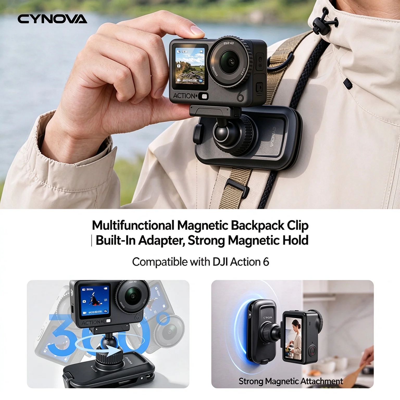 Magnetic Backpack Strap Clip For DJI OSMO NANO ACTION 6 Camera 360° Adjustable Ball Head Mount Holder Anti-slip Clamp Accessory