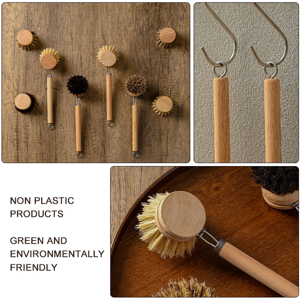 Wooden Dish Scrub Brushes Natural Bristles Kitchen Cleaning Scrubbers Long Handle Brush Kitchen Washing Dish Pot Brush