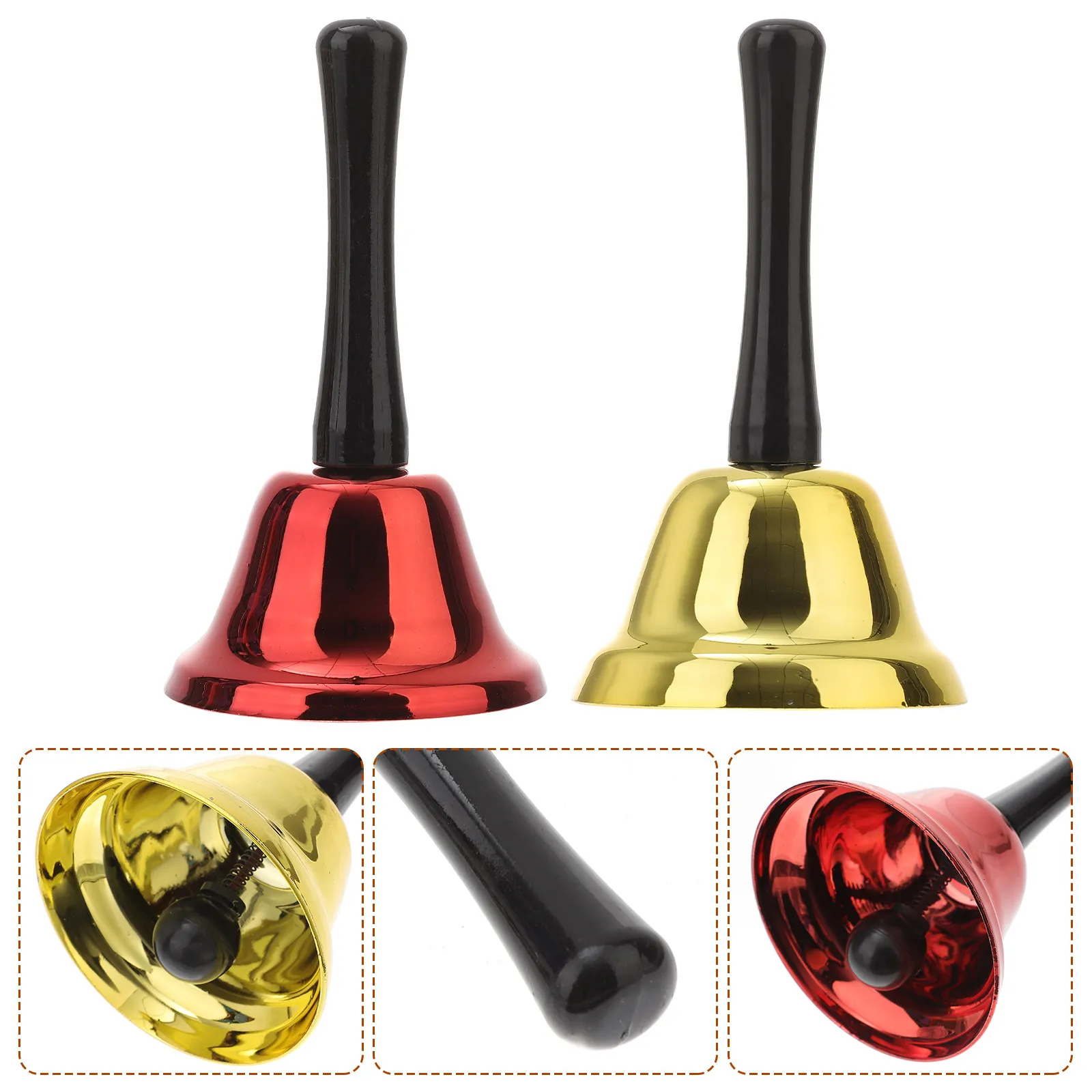 2Pcs Metal Ring Bell Handheld Call Bell Loud Clear Sound Ergonomic Grip Christmas School Hotel Festival Decoration Supplies Gold