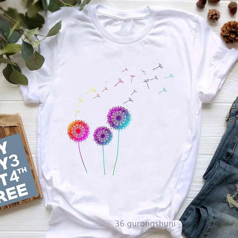 Funny Colorful Watercolor Dandelion T-Shirt Cute Graphic Print Lady Tees Women Clothes Female Clothing Short Sleeve T-Shirts Top