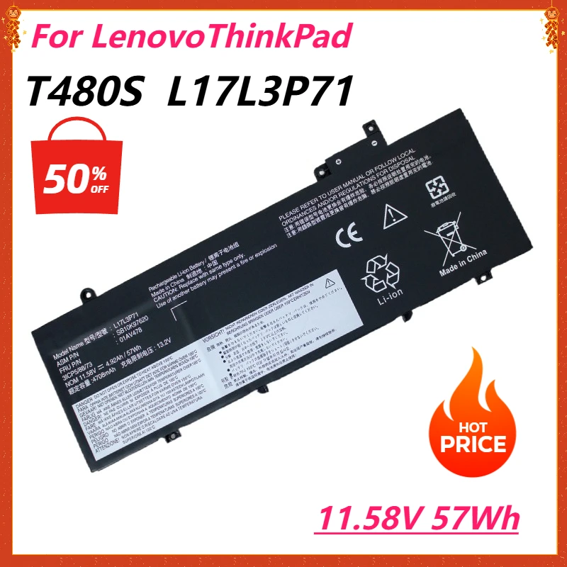 

Laptop Battery for Lenovo ThinkPad T480S Series L17L3P71 01AV478 L17M3P71 01AV479 L17M3P72 01AV480 SB10K97620 SB10K97621 Bateria