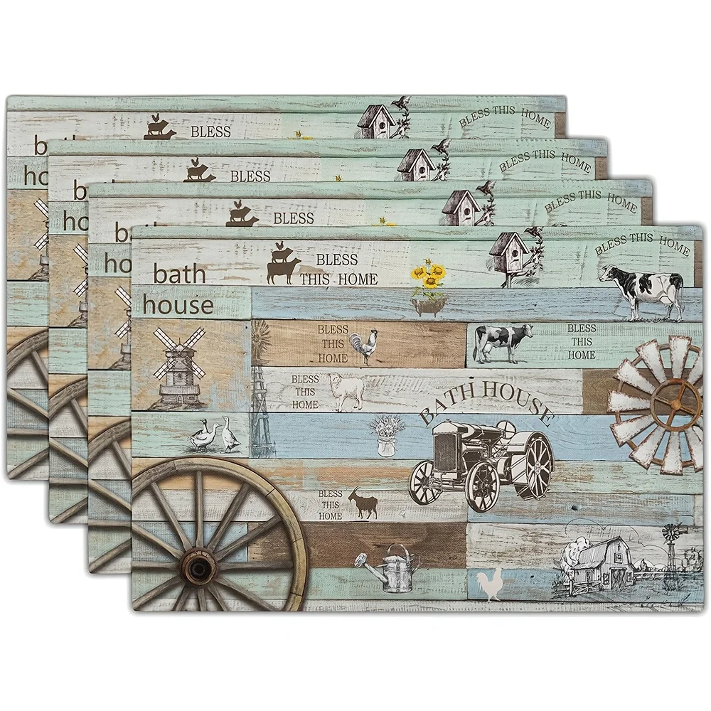 

Набор из 4 салфеток с животными в фермерском доме — дизайн сарая в стиле ретро в деревенском стиле с бирюзово-зелеными, коричнево-бежевыми акцентами, нескользящий стол из полиэстера