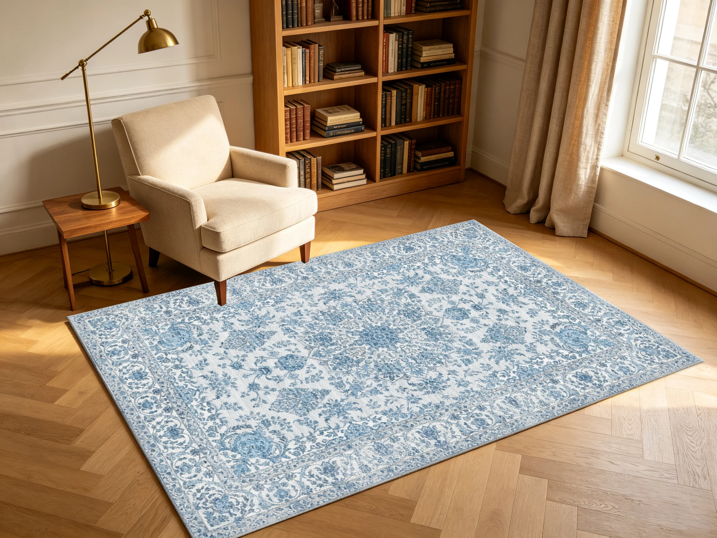 Distressed Blue Oriental Carpet Flooring, Classic Floral Medallion Area Rug for Home Living Room Dining Decor