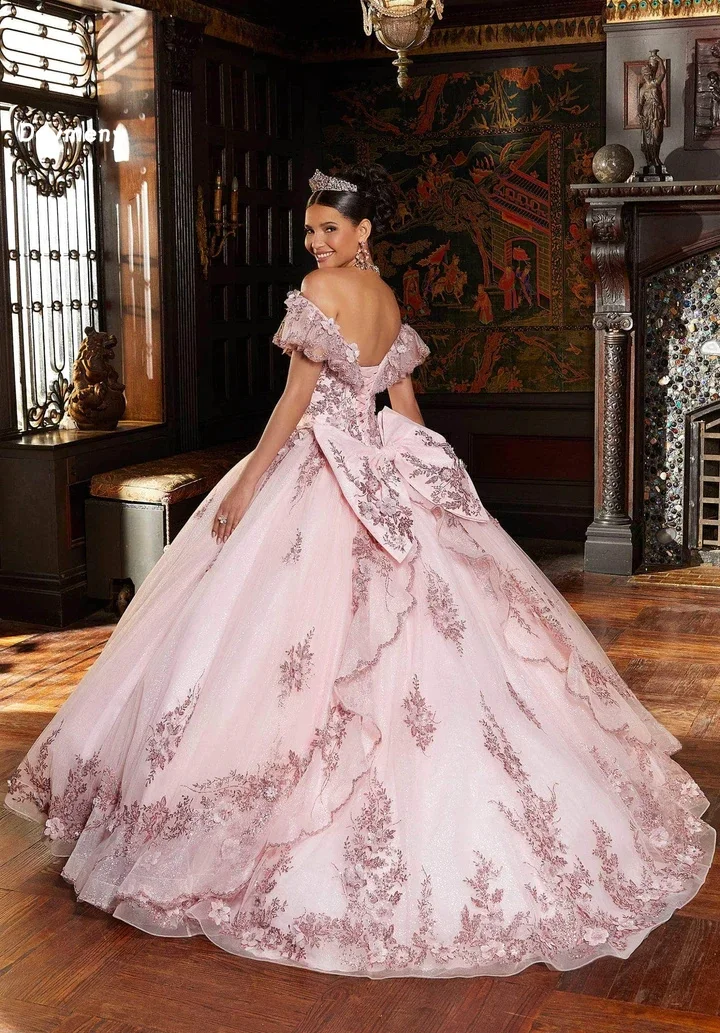 Doymeny 3d Blumen Applikationen Quince anera Kleider Bogen von der Schulter boden lange Prom Vestidos für 15 Mädchen Ball Party Kleider