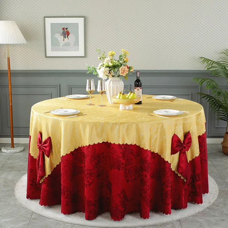 

2025 Jacquard Double Color Splicing Bow Round Tablecloth Dustproof Beautification Decorative Cloth Hotel Banquet Tablecloth