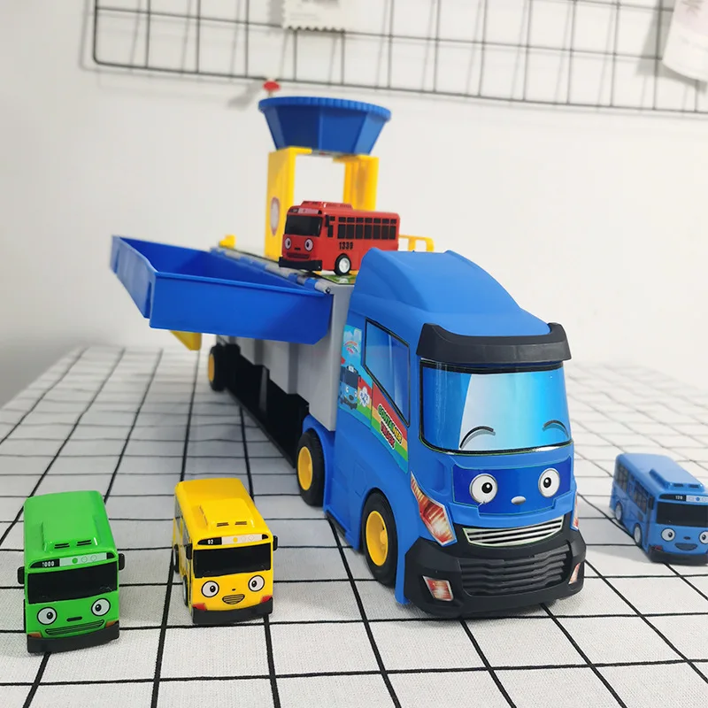 Tayos Cartoon The Little Bus Container Truck Storage Box parcheggio con 3 Pull Back Mini Car Toys per bambini regali di compleanno