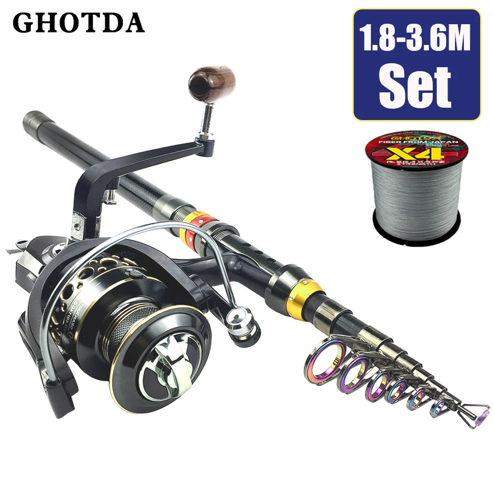 GHOTDA New 1.8m-3.6m Carbon Fiber Telescopic Carp Fishing Rod Sets and Spinning Reel 3kg-8kg for Beach Sea Ocean Boat Fishing