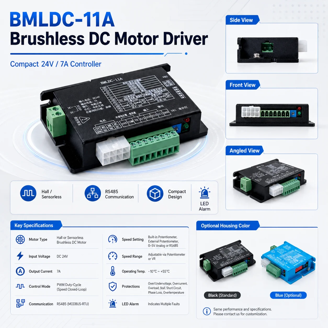 Low Voltage BLDC Motor Driver DC 24V-48V 168W-336W IP54 Protection RS485/CAN Communication Overvoltage Protection 3 Months