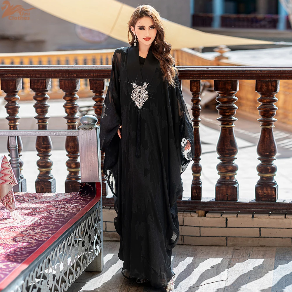

Luxury Dubai Abaya Embroidered Black Jacquard Tassel Robe Women Muslim Dress Kaftan Kimono Kebaya Marocain Femme Caftan Jalabiya