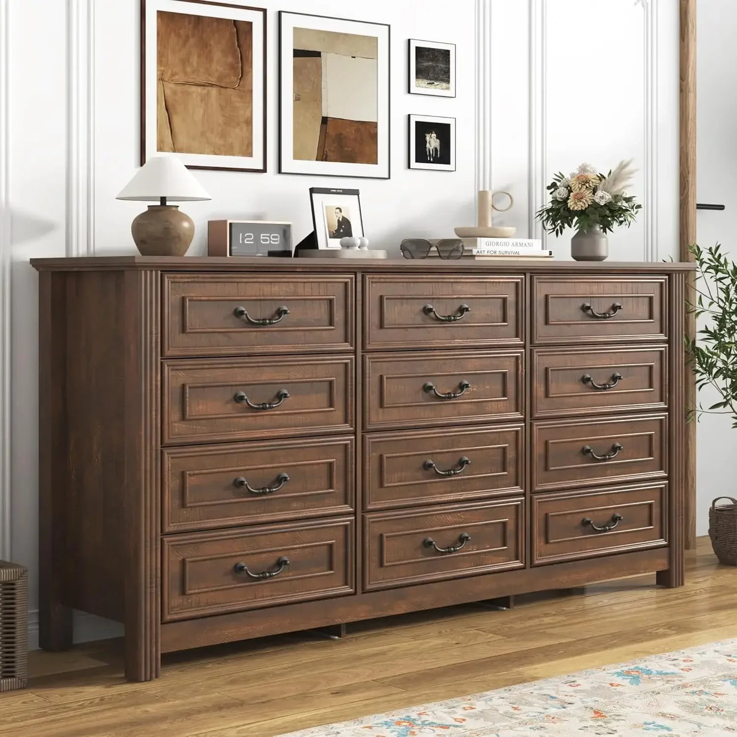 Farmhouse 12 Drawer Dresser for Bedroom,Wide Closet Dresser Organizer, Living Room, Hallway, Bedroom Furniture, Rustic Brown