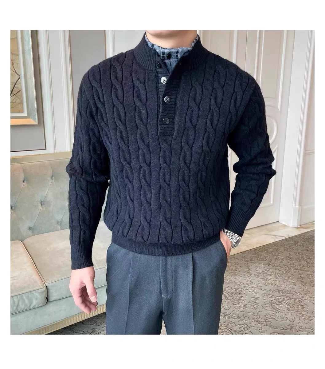 Classic fake two-piece stitching double-layer semi-high neck thick warm sweater 100% pure cashmere men's sweater