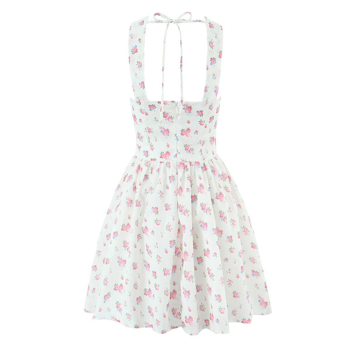 Sexy White Floral Print Bow V neck Tank Dress Women Lacing up Back Slim Low Waist Party Skater Short Dresses Sling Robe Vestido