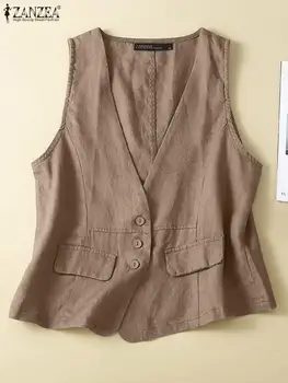 ZANZEA yaz Vintage katı yelekler kolsuz v yaka üst Tops zarif OL çalışma gömlek moda Streetwear Chemise cepler Blusas