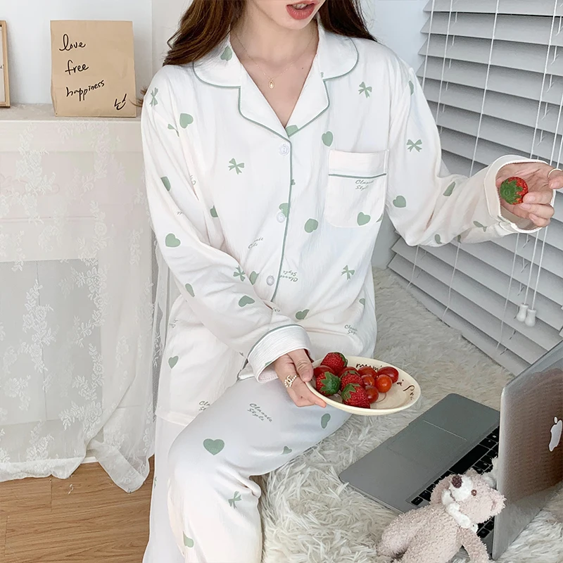 Panelled Pajama Sets Women Lapel Autumn Pocket Japanese Mori Girl Style Printing Ladies Nightwear Advanced Stylish Elastic Waist