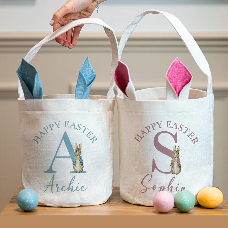 

Personalised Initial name pink blue Bunny rabbit bag happy Easter party home decoration Egg Hunt basket kid boy girl gift Bucket