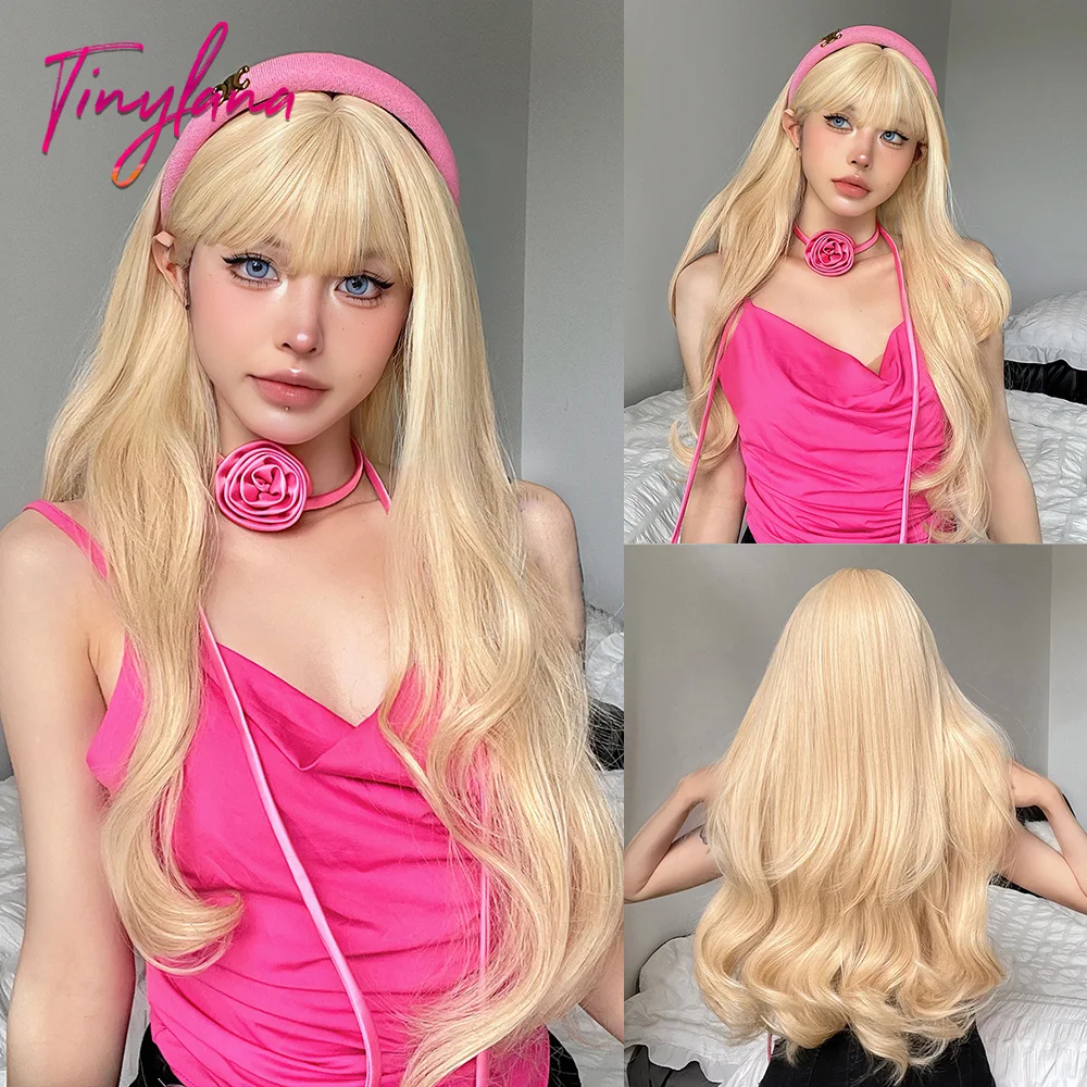 Long Blonde Wavy Synthetic Wigs with Bangs Lolita Cosplay Blonde Halloween Natural Wave Hair Wigs for White Women Heat Resistant