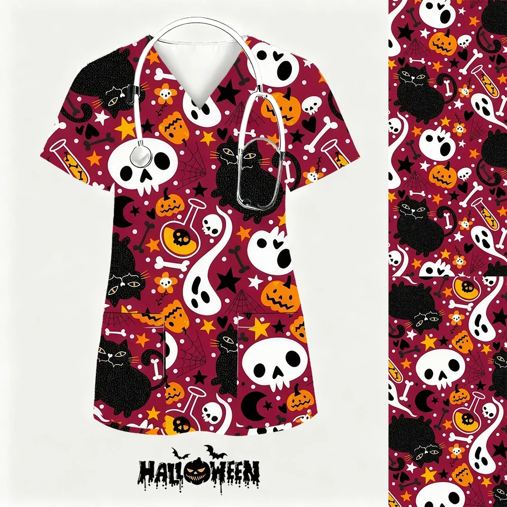 Топы-скрабы с принтом на Хэллоуин, женская рабочая блузка для домашних животных, аксессуары для медсестер, унисекс, с короткими рукавами и v-образным вырезом, униформа с принтом, рабочая униформа