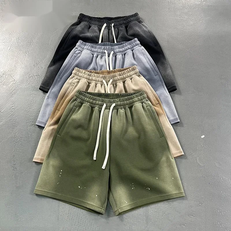 Style trendy American Splatte Rdye Washed Distressed Air Cotton Men's Shorts Drawstring Elastic Waist Wide Leg Pants UZQW