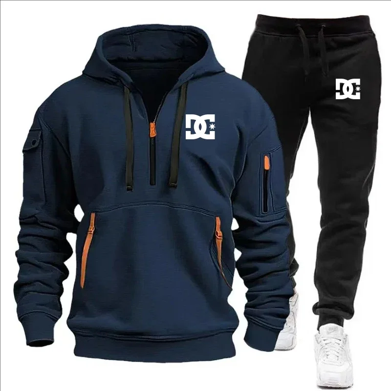 Hiking Walking Mens Cargo Tracksuit Half Zip Hooded Sweatshirt Contrast Zippers Loose Fleece Elastic Waist Jogger Pants - view 4