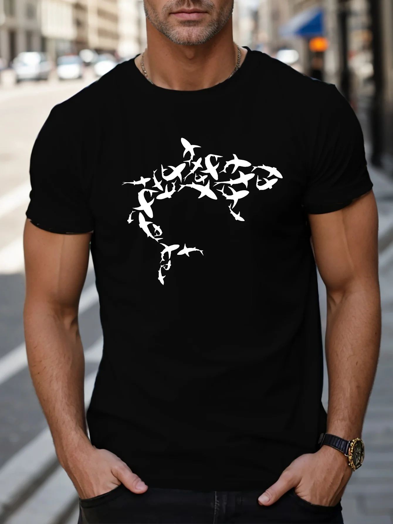 

2025 new model Men's summer 100% pure cotton fashionable casual loose shark pattern printed sports round neck short sleeved T-sh