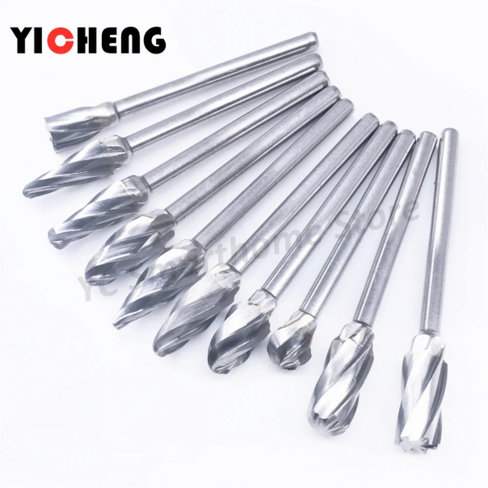 10Pcs set Texture Cemented Carbide Rotary File Jade Woodworking Metal Carving Polishing Tungsten Steel Grinding Head Material