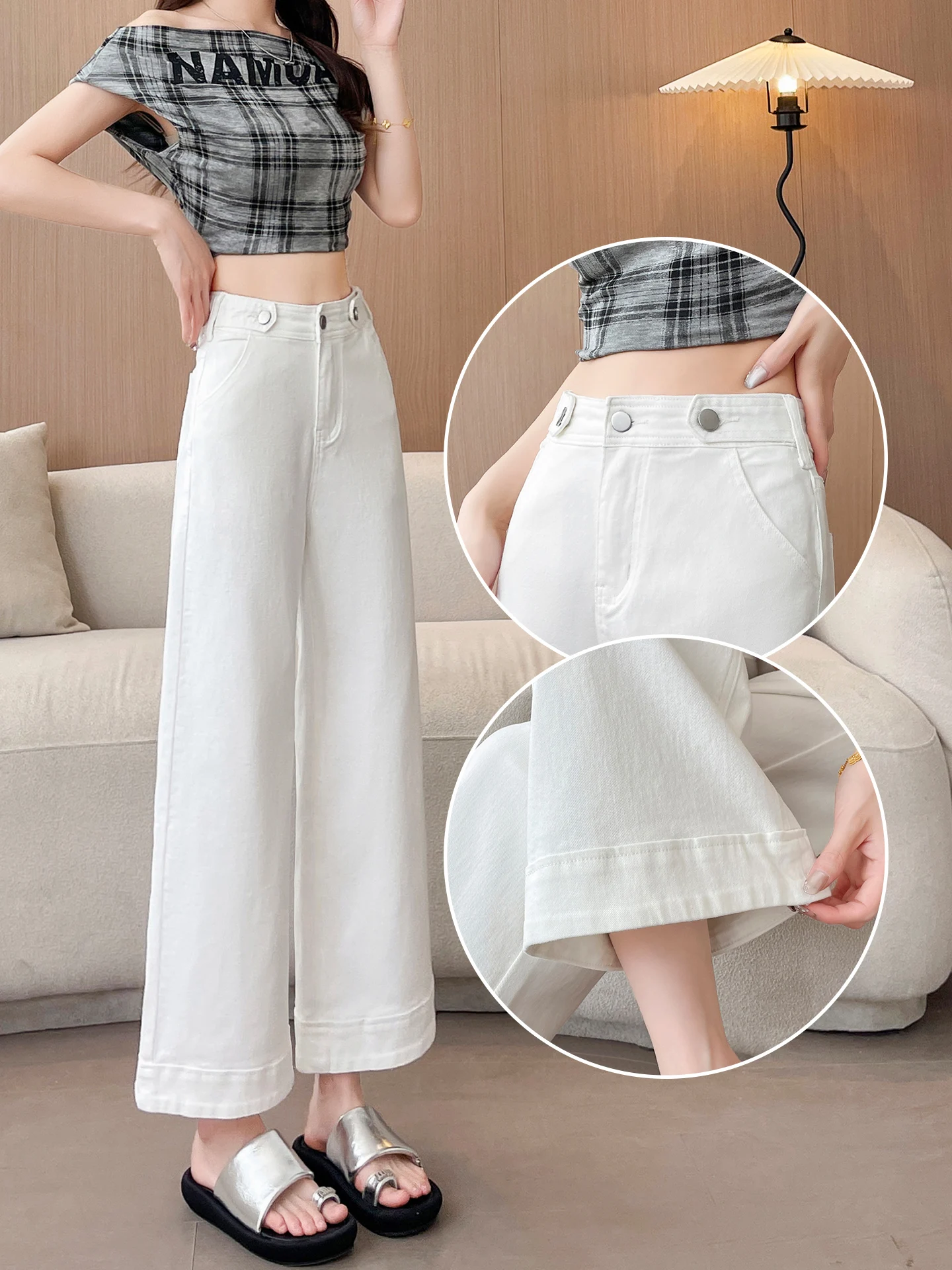 

Широкие джинсы с высокой талией, женские белые свободные повседневные хлопковые джинсовые брюки, весна-осень, новые утягивающие драпированные прямые брюки