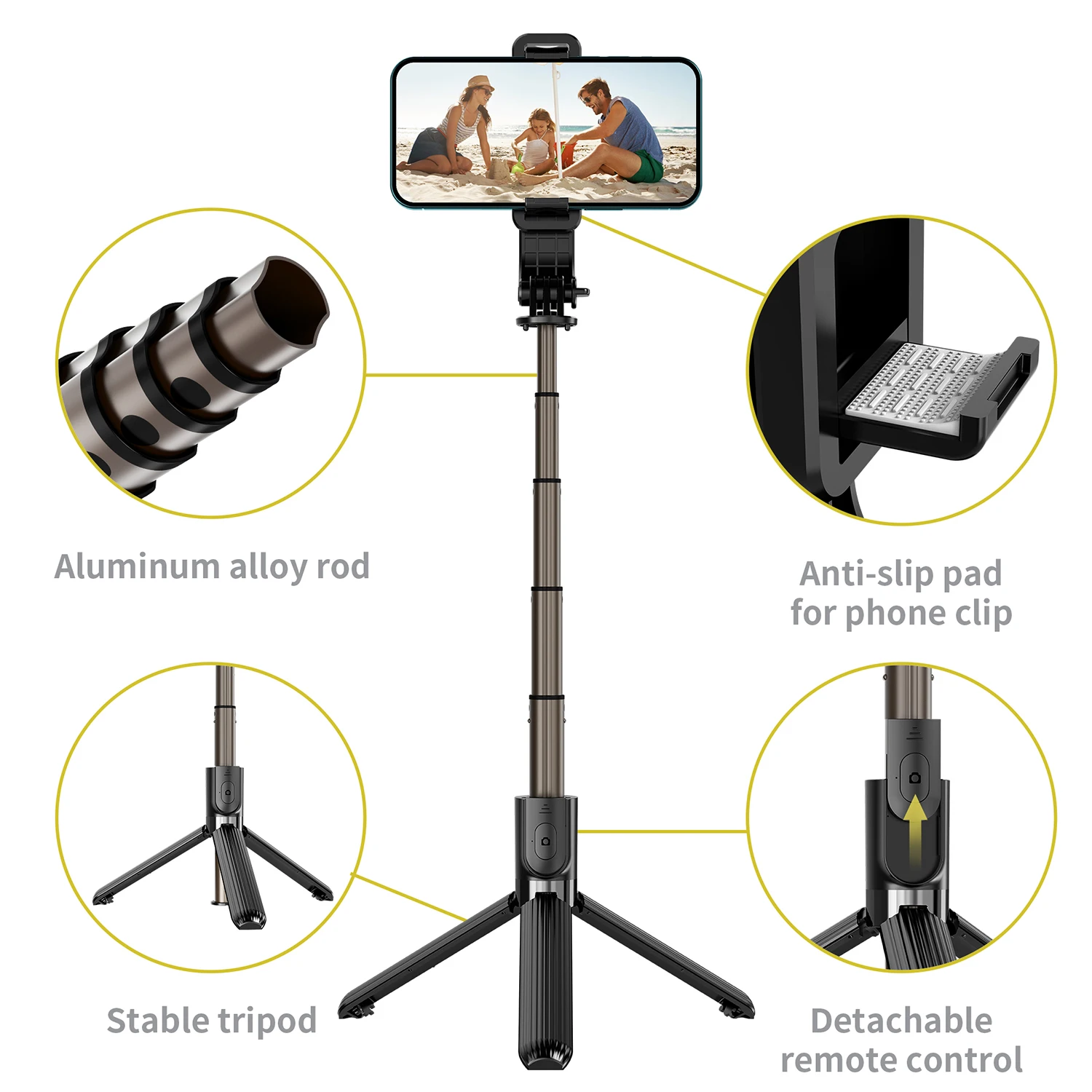 Selfieshow-Perche à selfie en aluminium L03, support de stabilisateur de trépied Bluetooth, rotation résistante à 360, iPhone, téléphone portable