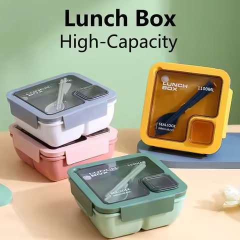 850ml/1100ml Lunch Box Microwave Portable Bento Boxes with Tableware for Kids School Leakproof 4 Grid Food Snack Containers