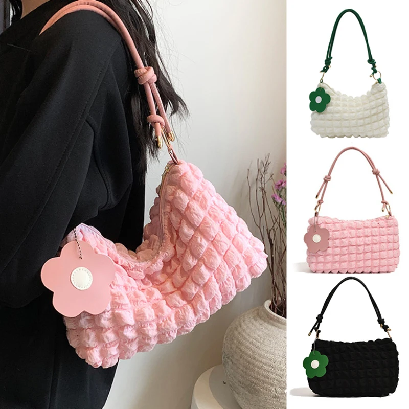 Large Capacity Shoulder Bags For Women Girls Bubble Flower Handbag Ladies Trendy Casual Underarm Bag Commuter Cylindrical Bag