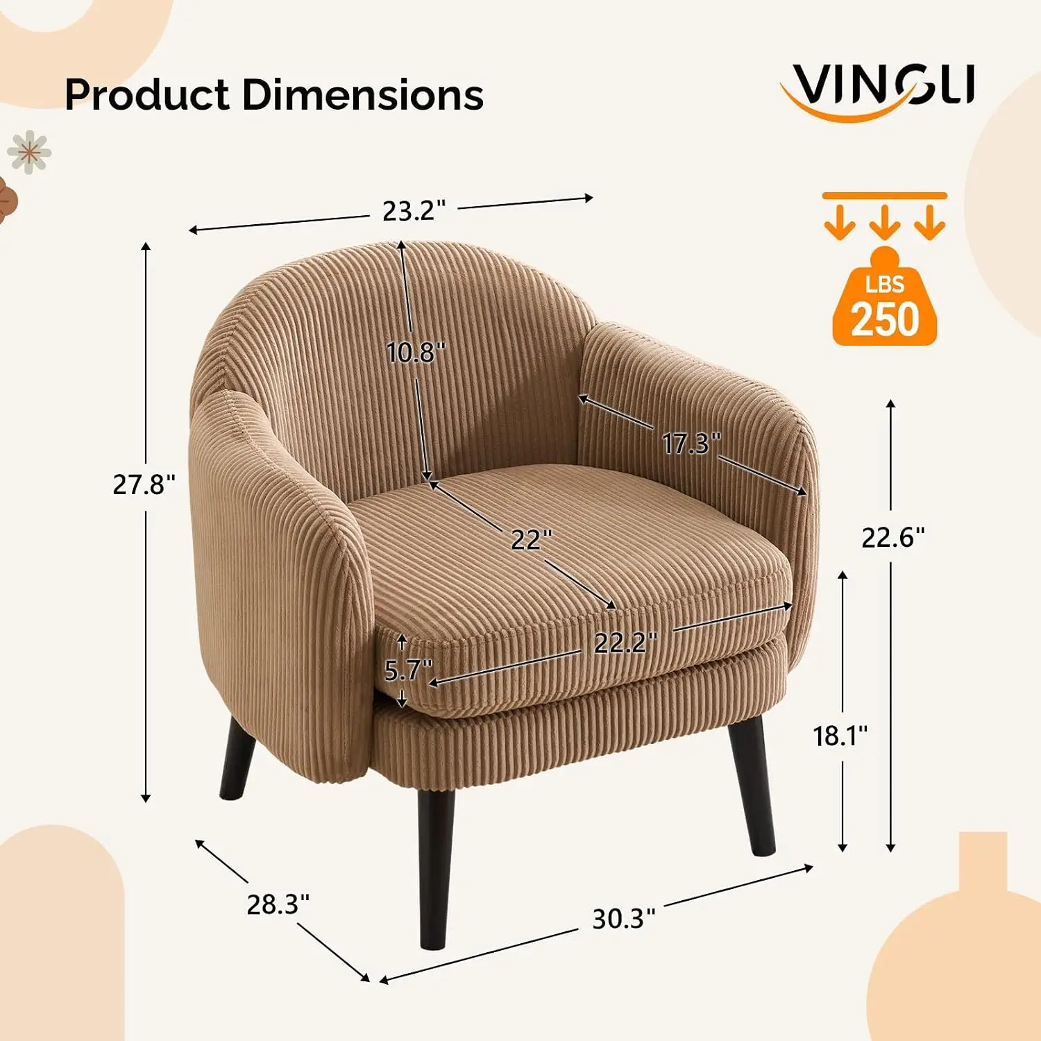Barrel Armchair with Track Armrest & Wood Legs, Upholstered Club Chair for Living Room & Bedroom, Corduroy, Customized