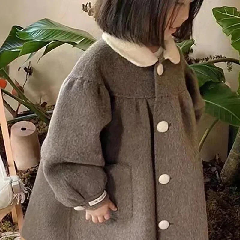 Girls\' Woolen Coat Winter New Korean Trendy Doll Neck Mid Length Coat Fashionable and Trendy