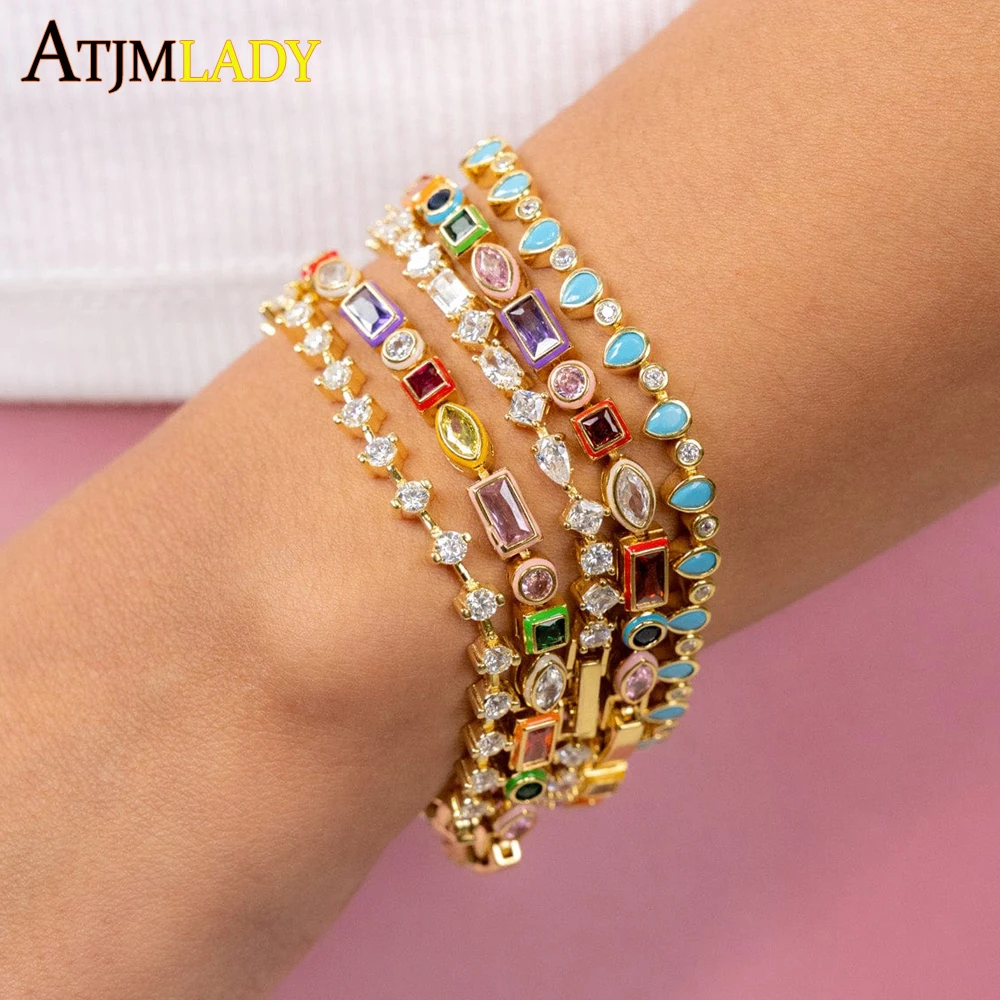 

2025 Spring Fashion Gold Color Rainbow Jewelry Micro Pave 5A Cubic Zirconia CZ Enamel Geometric Tennis Chain Colorful Bracelet