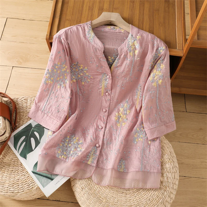 Camisa informal de verano para mujer, blusas informales holgadas Vintage con bordado de flores, camisetas básicas de estilo chino, camisa blanca