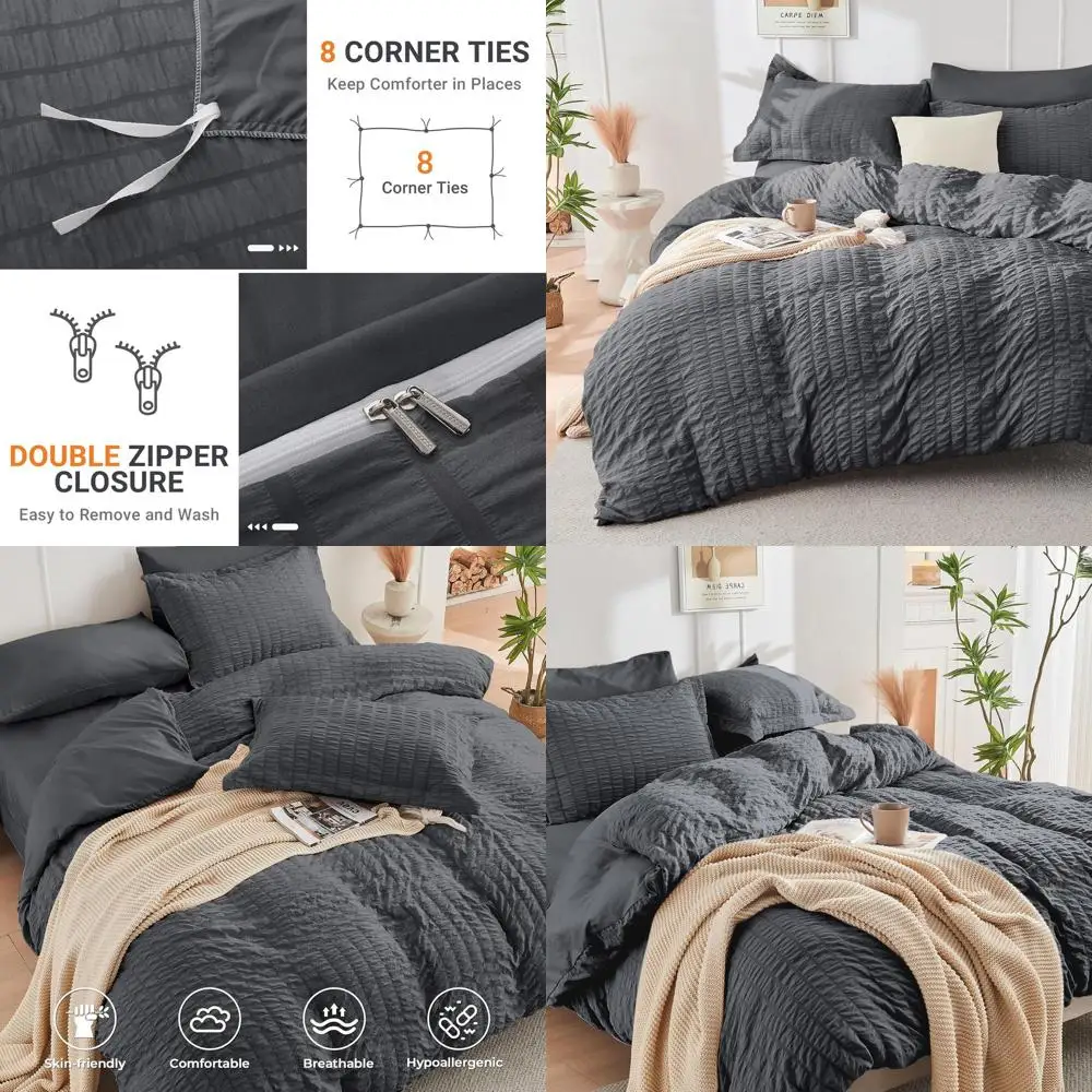 

Комплект постельного белья из 3 предметов: пододеяльник King Size серого цвета, ультрамягкий, из сирсакера, с застежкой-молнией, и комплект постельного белья из микрофибры Sot Brushed