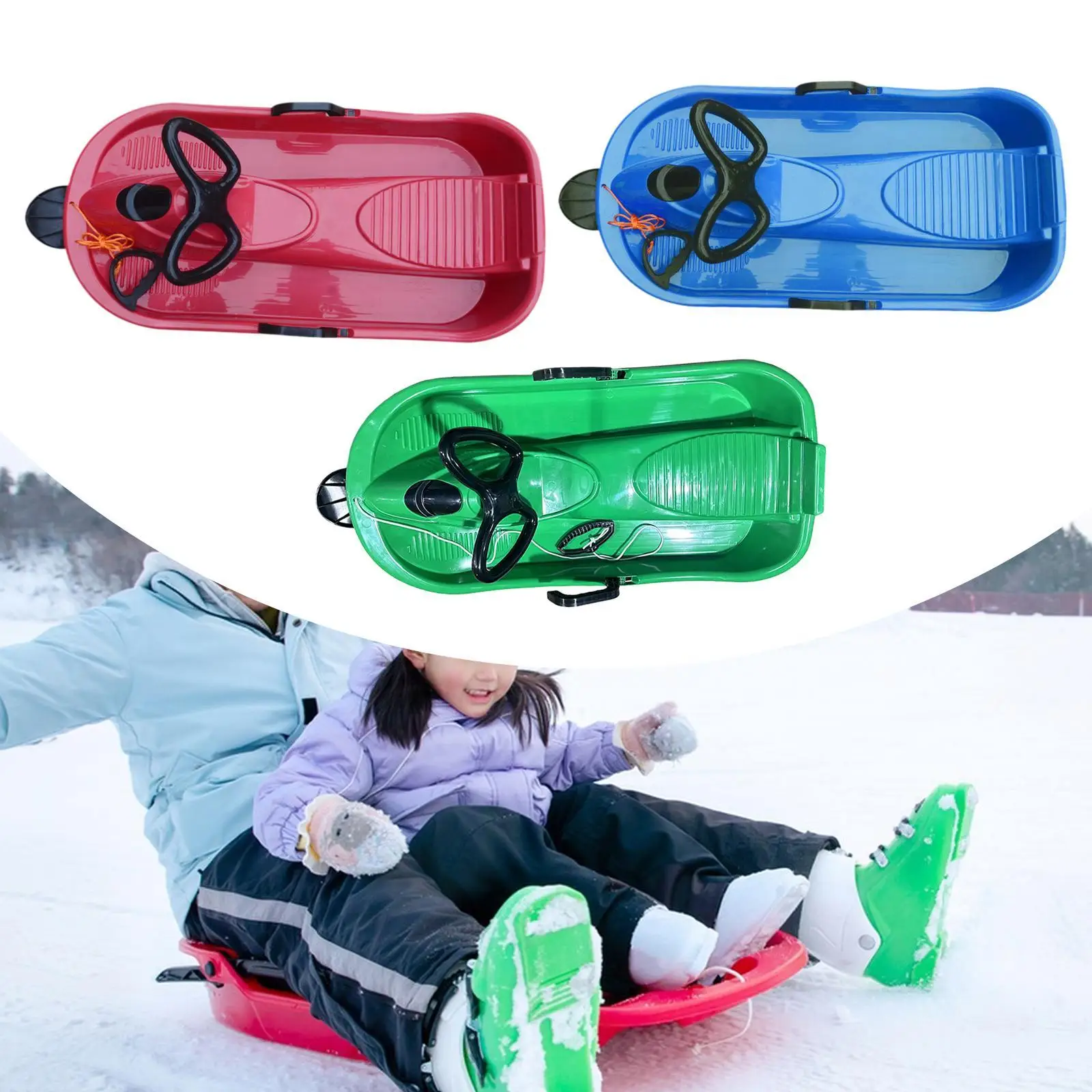 Plastic Non-slip Kids Snow Sled with Steering Wheel and Brake Toboggan Thicker Snow Equipment for Child Boys Girls Winter Sport