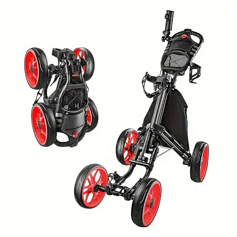 Folding Aluminum Alloy+EVA Golf Trolley 4 Wheels Golf Bag Pull Push Cart Umbrella Cup Holder Adjustable Trolley with Footbrake