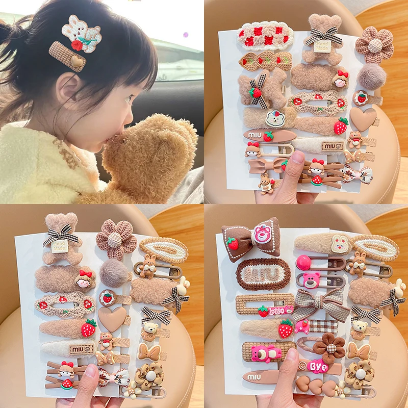 5/10/16 Pcs/Set Baby Girl Cute Plush Cartoon Flower Bow Hair Clips Children Coffee Color Lambswool Hairpins Kid Hair Accessories