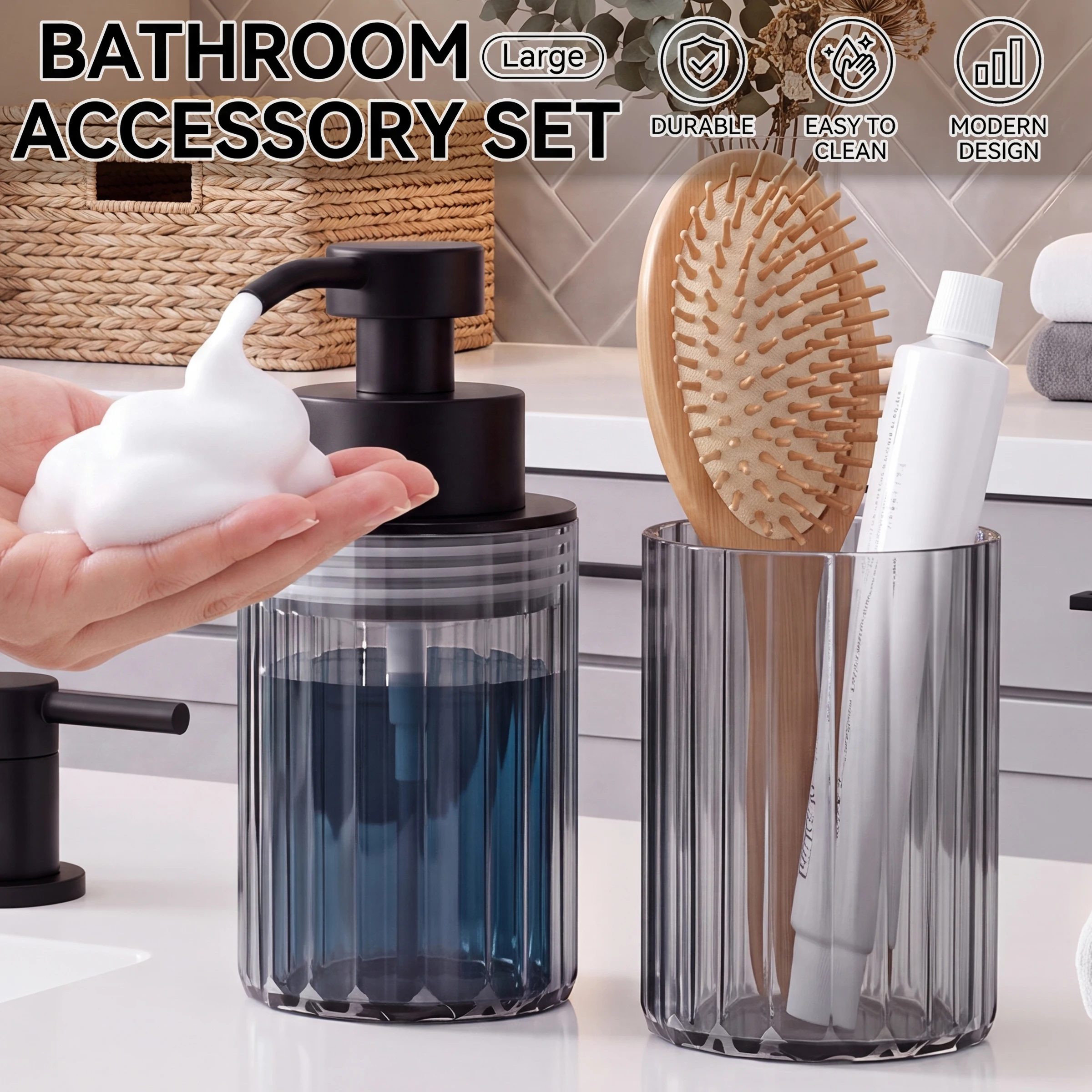1 Set Schaumseifenspender, Nachfüllbare Lotion-/Schaumseifenflasche für Badezimmer & Großer Zahnbürsten-Aufbewahrungsbecher für Farmhouse-Waschtisch