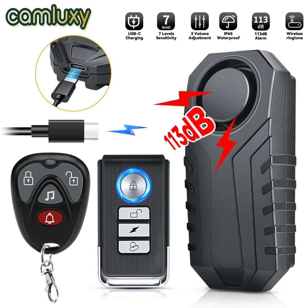 Camluxy Bicycle Vibration Alarm USB Rechargeable Motorcycle Electric Bike Alarm Remote Control Anti Lost Security Sensor