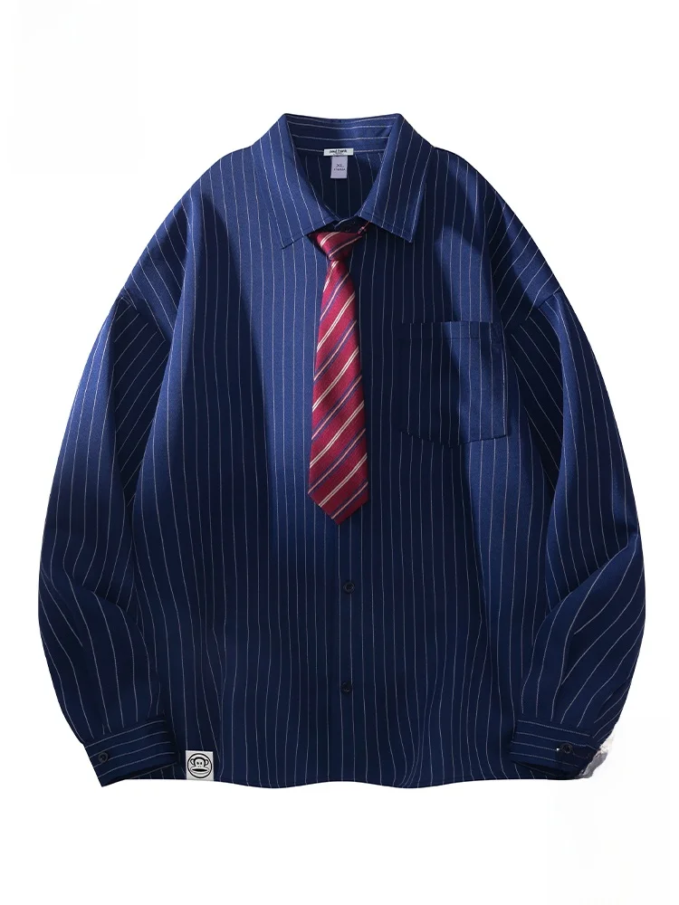 

Loose Fit Monkey M irt with Tie Stripe Pattern Spring Season Casual Design Polyester Fiber Long Sve Button...