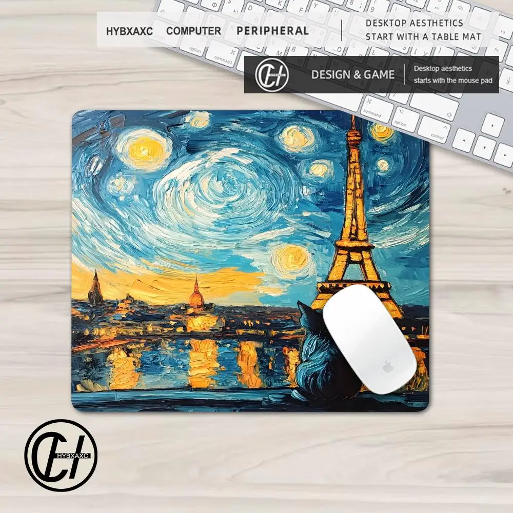45x40 Starry Night Cat Mousepad Van Gogh Eiffel Tower Desk Mat Large Gaming Mousepad Non-Slip Rubber Laptop Computer Accessories