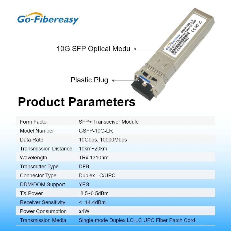 10Gb SFP 10km LC Optical Module 10GBASE-LR 1310nm Single-Mode Fiber SFP+ Transceiver For DEll/Extreme/Netgear Ethernet Switch